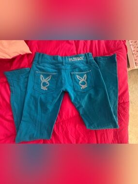 Teal Jeans with Rhinestone Bunny Pocket Detail